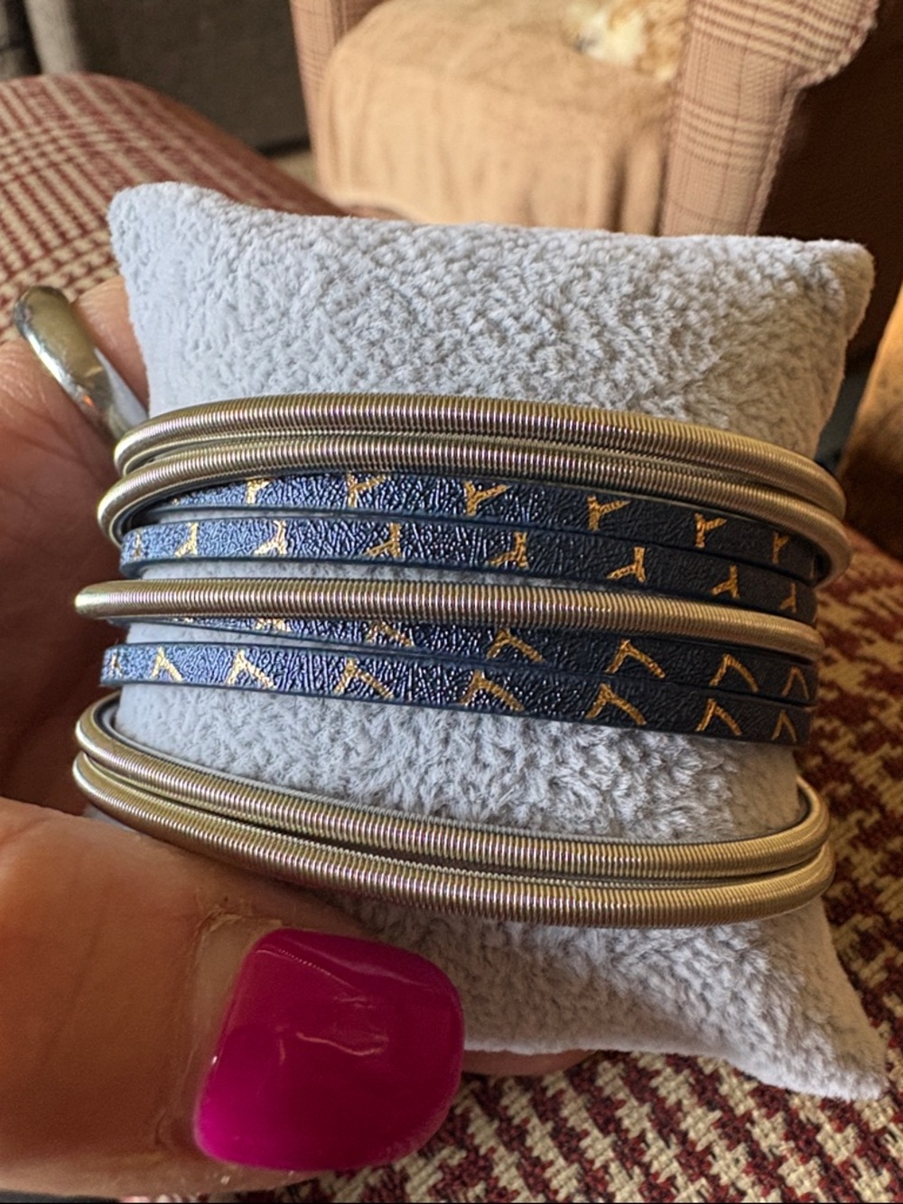 Blue and Gold Leather Stack Bracelet with Gold-Tone Bangles